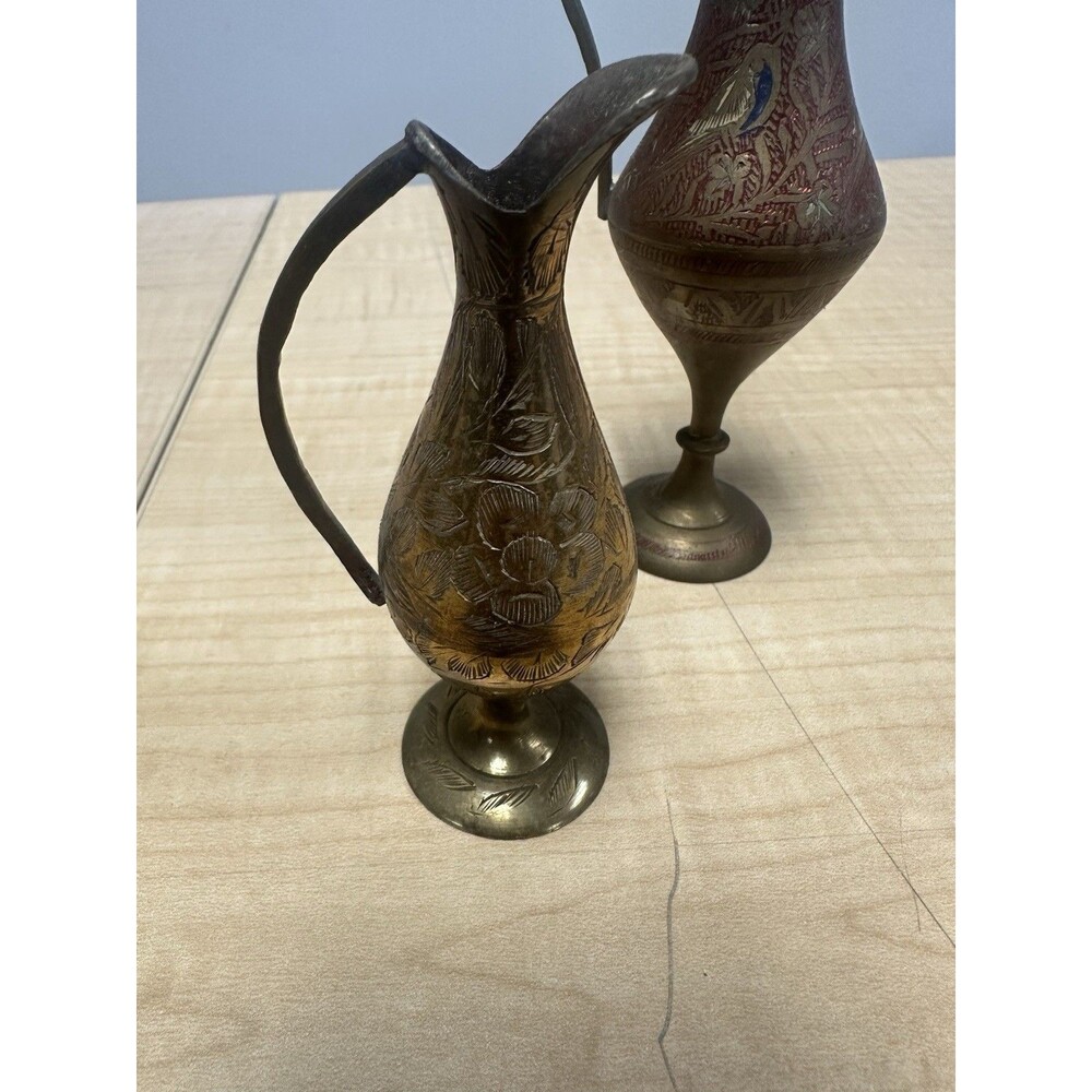 Antique Brass Miniature Ewer Pitcher Pair India Enamel Art Jug Vase Decor - Picture 2 of 5